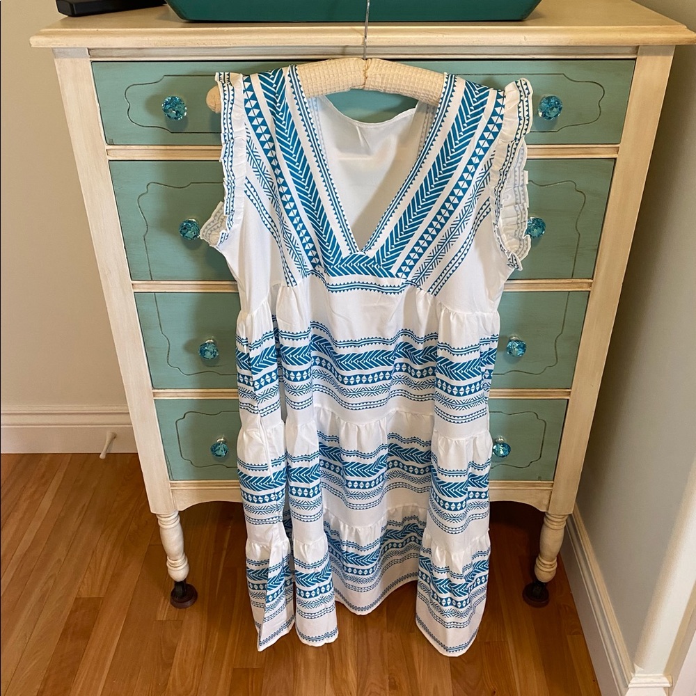 Blue & White V-Neck Midi Dress - Sleeveless Summer Dress - Picture 4 of 4